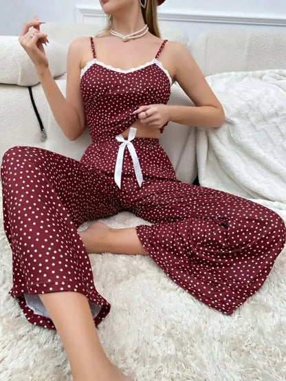 Polka Dot Contrast Lace Bow Front Cami Pajama Set