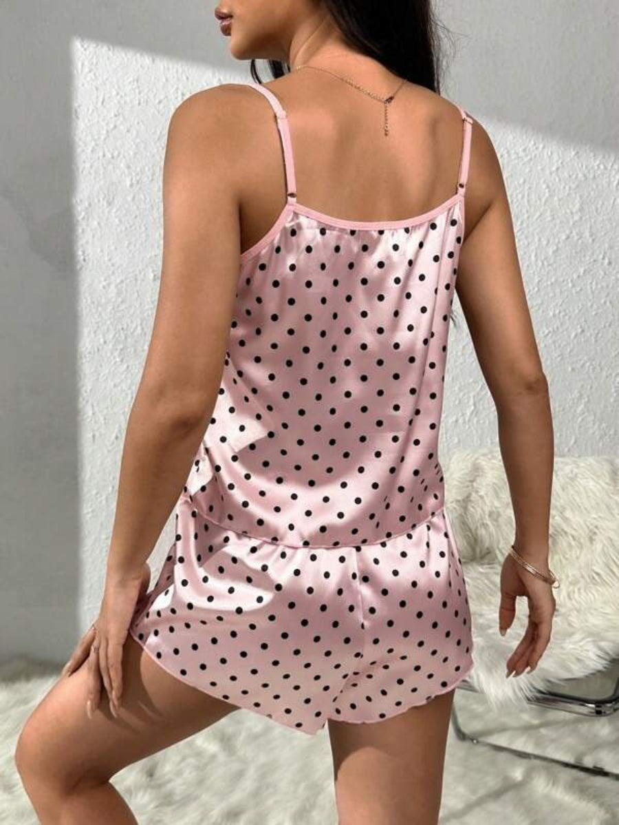 Polka Dot Print Satin Cami Top And Shorts Set