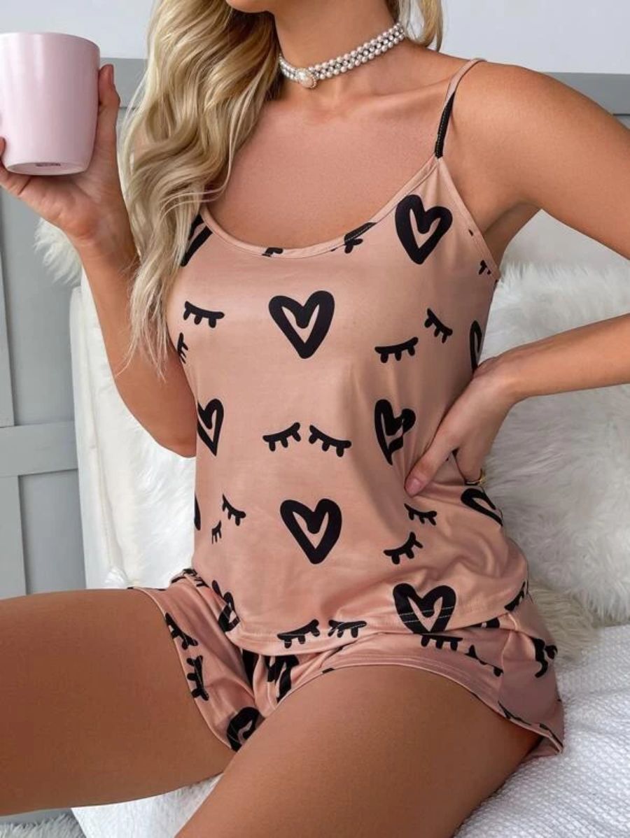 Printed Cami Top And Tie Front Shorts Set