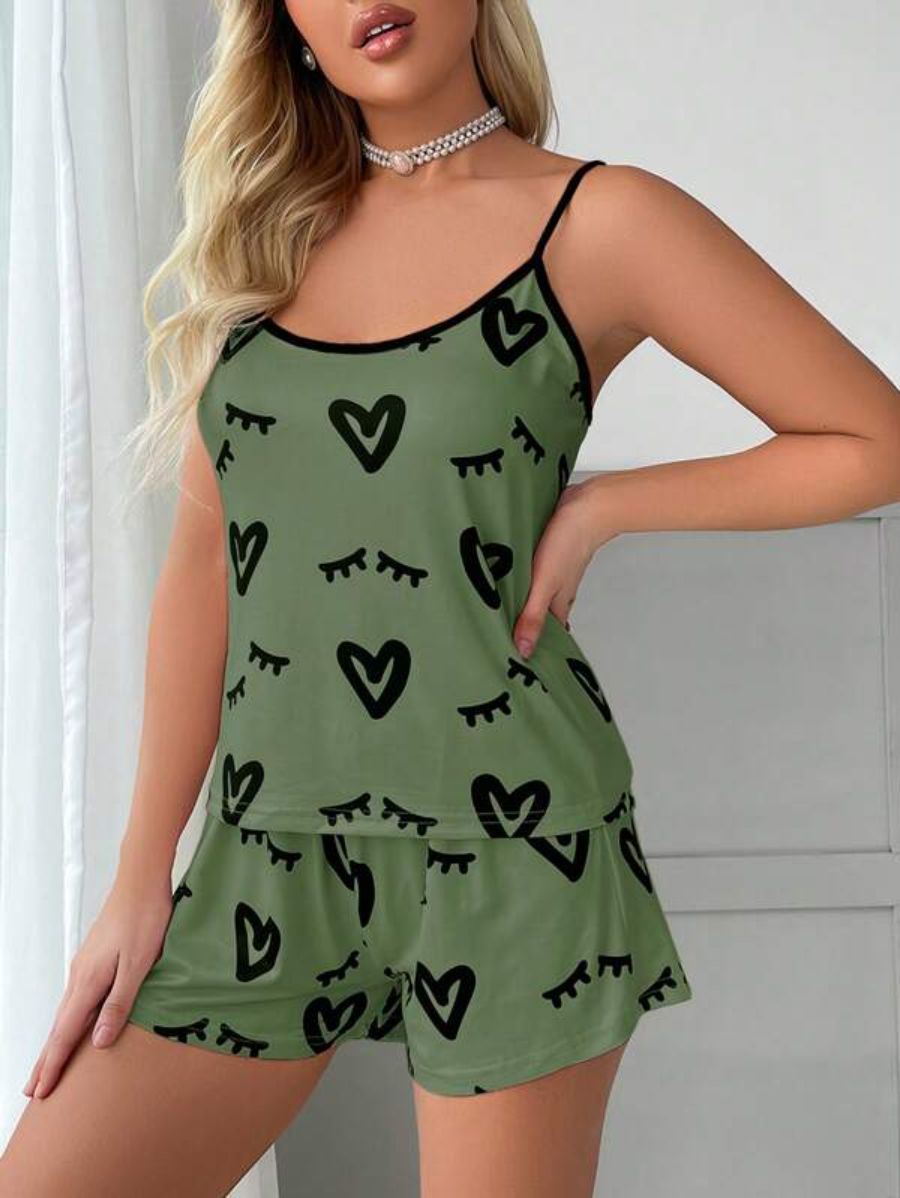 Printed Cami Top And Tie Front Shorts Set Green