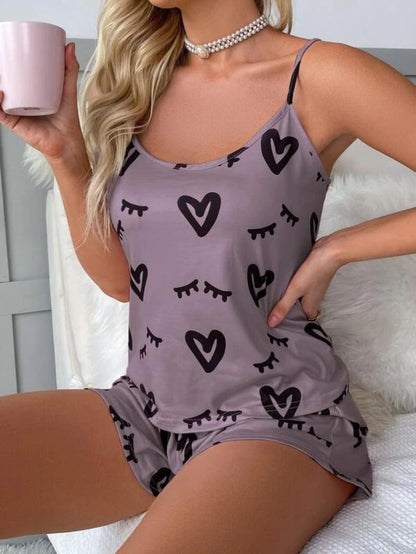 Printed Cami Top And Tie Front Shorts Set