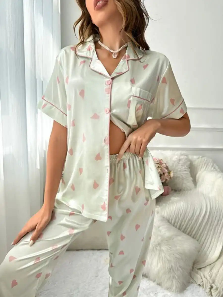 Printed Contrast Piping Satin Pajama Set