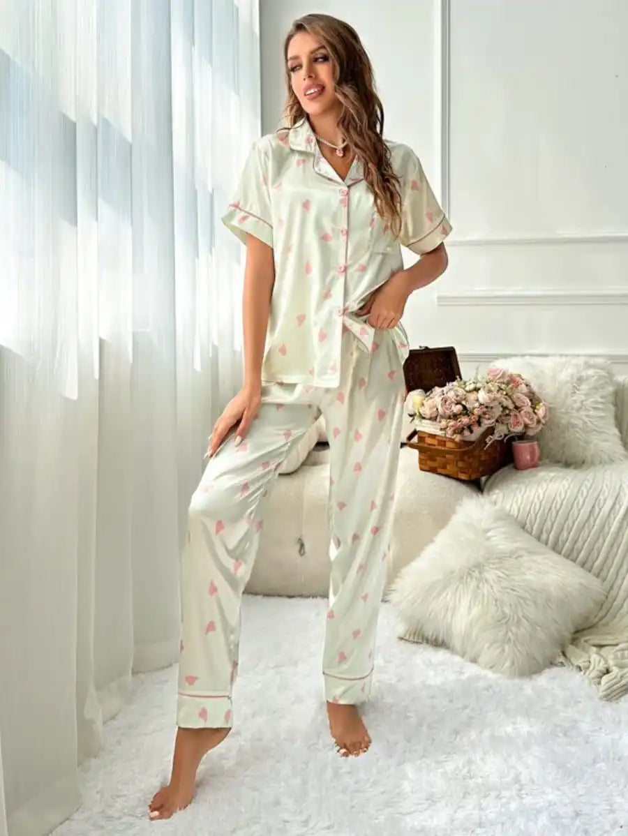 Printed Contrast Piping Satin Pajama Set