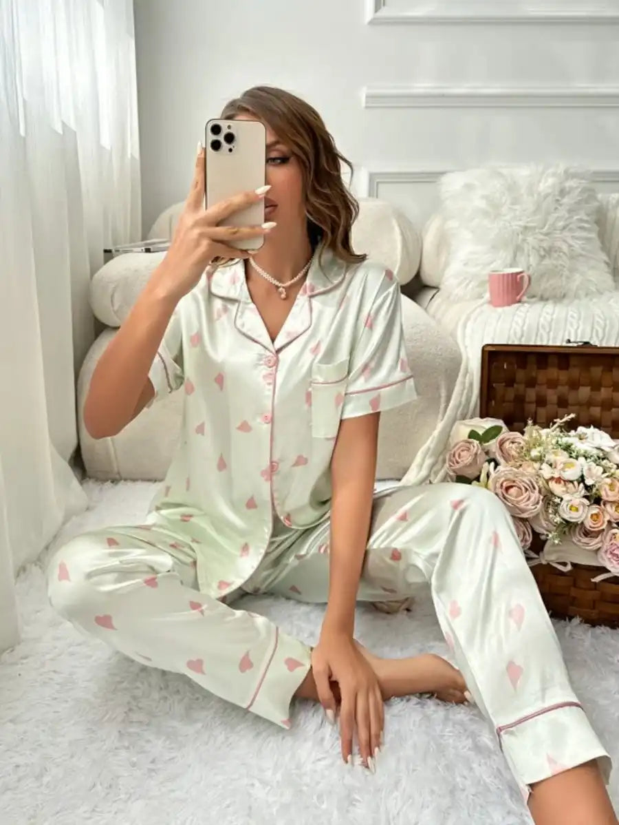 Printed Contrast Piping Satin Pajama Set – SocoHoodie