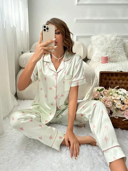 Printed Contrast Piping Satin Pajama Set