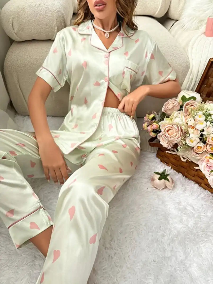 Printed Contrast Piping Satin Pajama Set