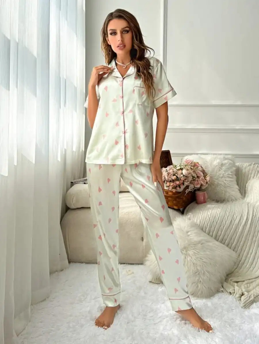 Printed Contrast Piping Satin Pajama Set