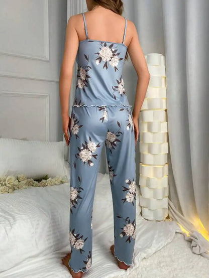 Printed Floral Lettuce Trim Bow Front Pajama Set