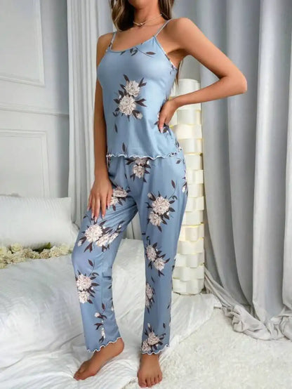 Printed Floral Lettuce Trim Bow Front Pajama Set