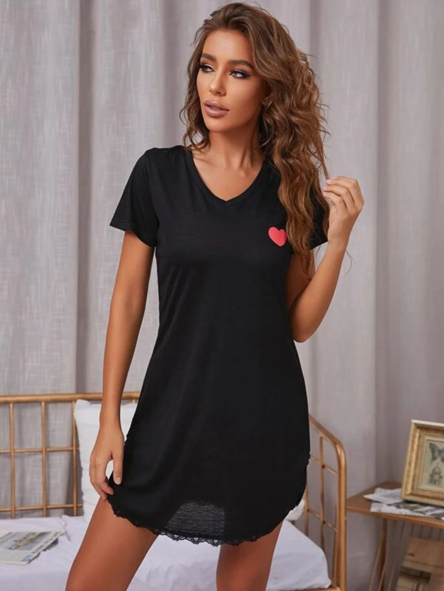 Printed Lace Trim Nightdress Black