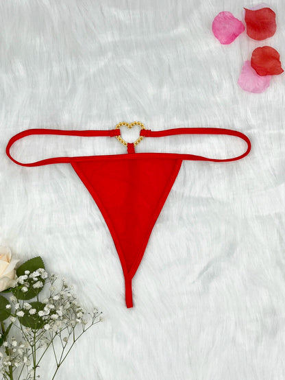 Rhinestone Ring Linked Thong Red