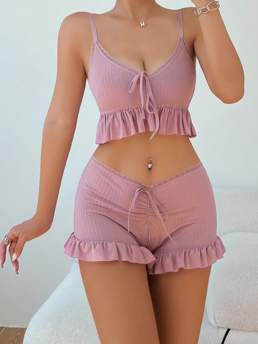 Ruffle Trim Tie Front Lingerie Set