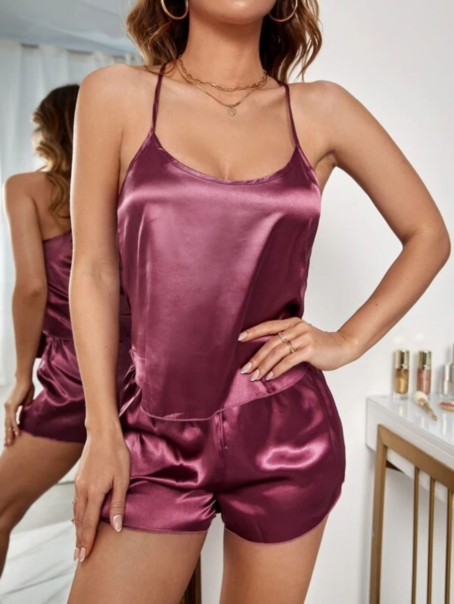 Satin Cami Top And Shorts Set Purple