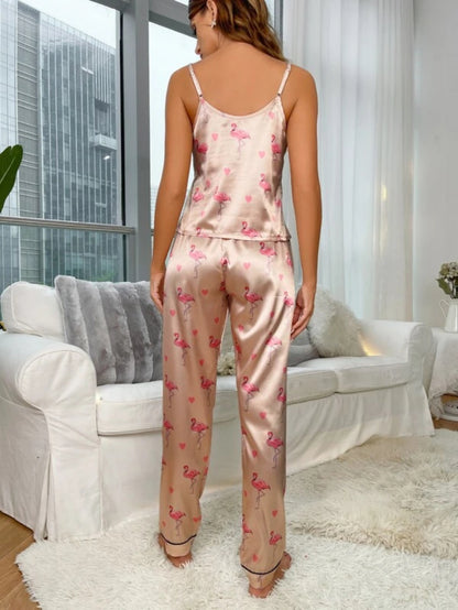 Satin Flamingo Print Cami Top And Pants Set