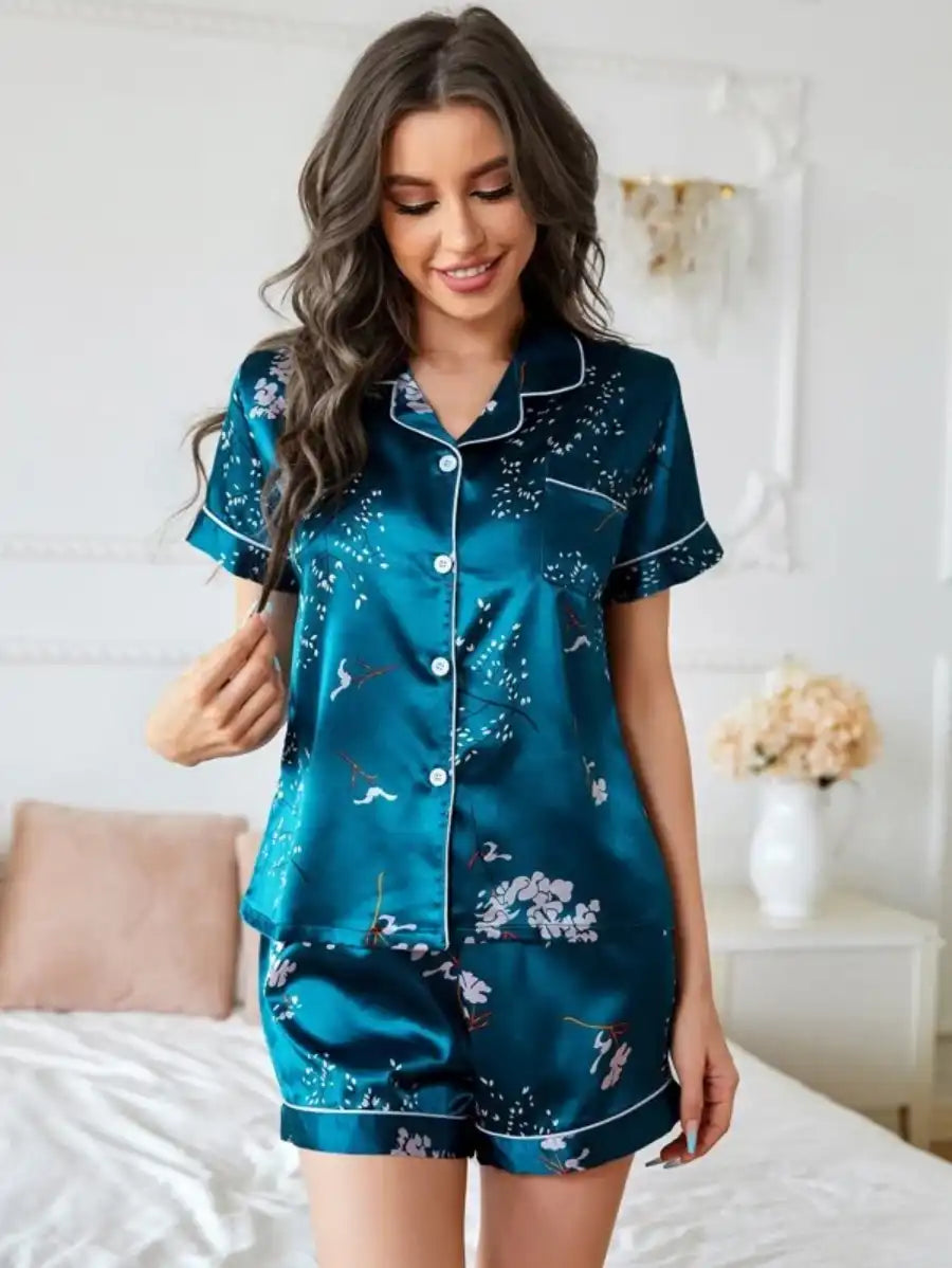 Satin Plants Print Lapel Collar Contrast Binding Pajama Set