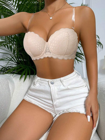 Scallop Trim Underwire Bra With Strap Beige