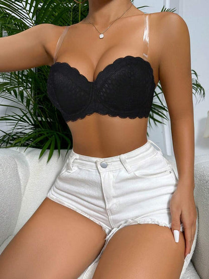 Scallop Trim Underwire Bra With Strap Black