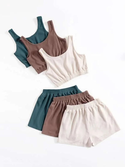 Set Of 3 Crop Tank Top And Knot Front Shorts Lounge Set