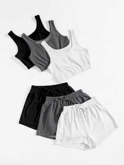 Set Of 3 Crop Tank Top And Knot Front Shorts Set