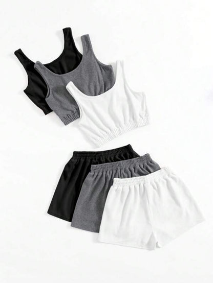 Set Of 3 Crop Tank Top And Knot Front Shorts Set