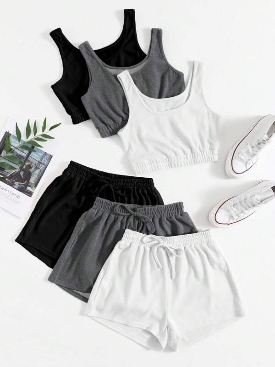 Set Of 3 Crop Tank Top And Knot Front Shorts Set