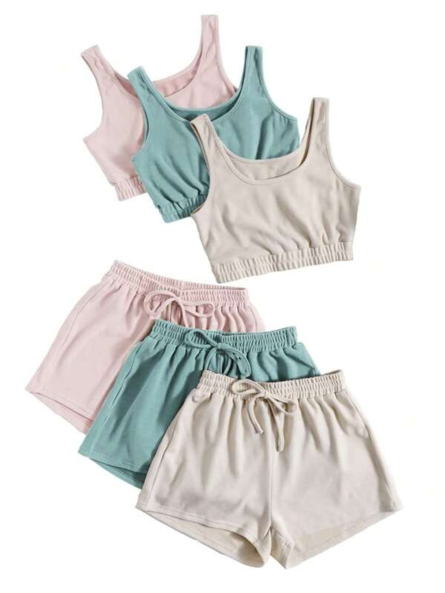 Set Of 3 Crop Top And Knot Front Shorts Lounge Set