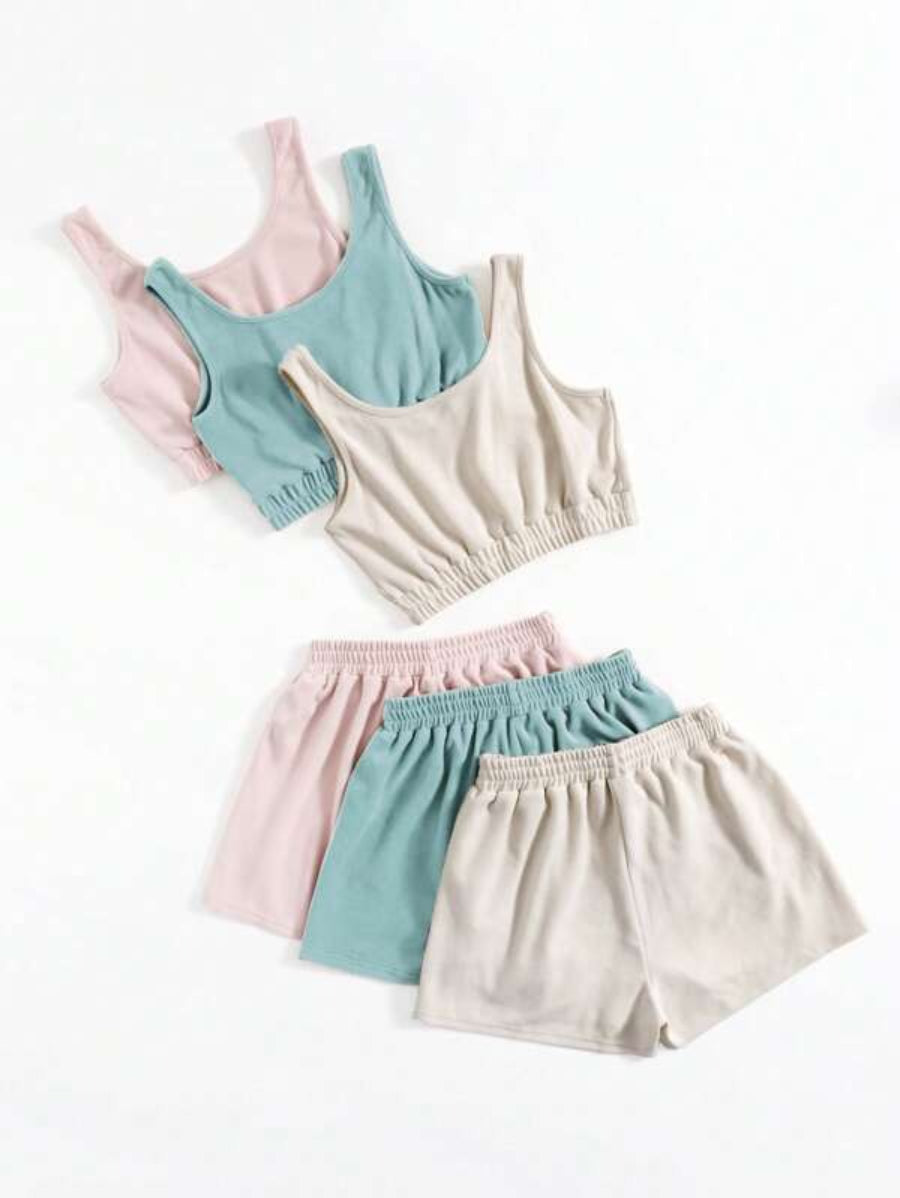 Set Of 3 Crop Top And Knot Front Shorts Lounge Set