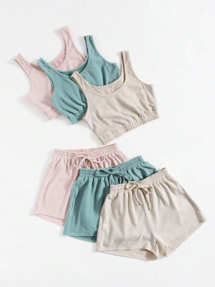 Set Of 3 Crop Top And Knot Front Shorts Lounge Set