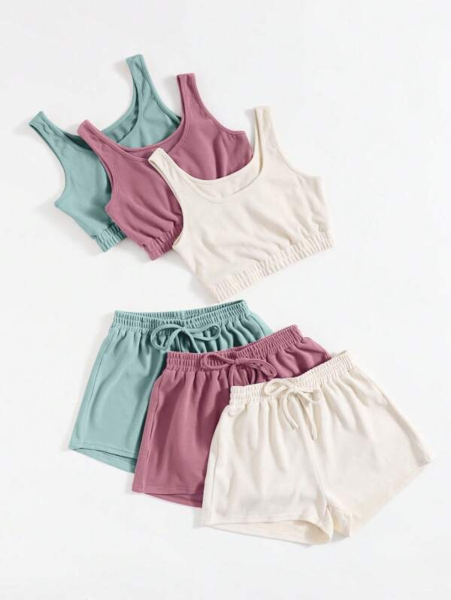 Set Of 3 Crop Top And Knot Front Shorts Set