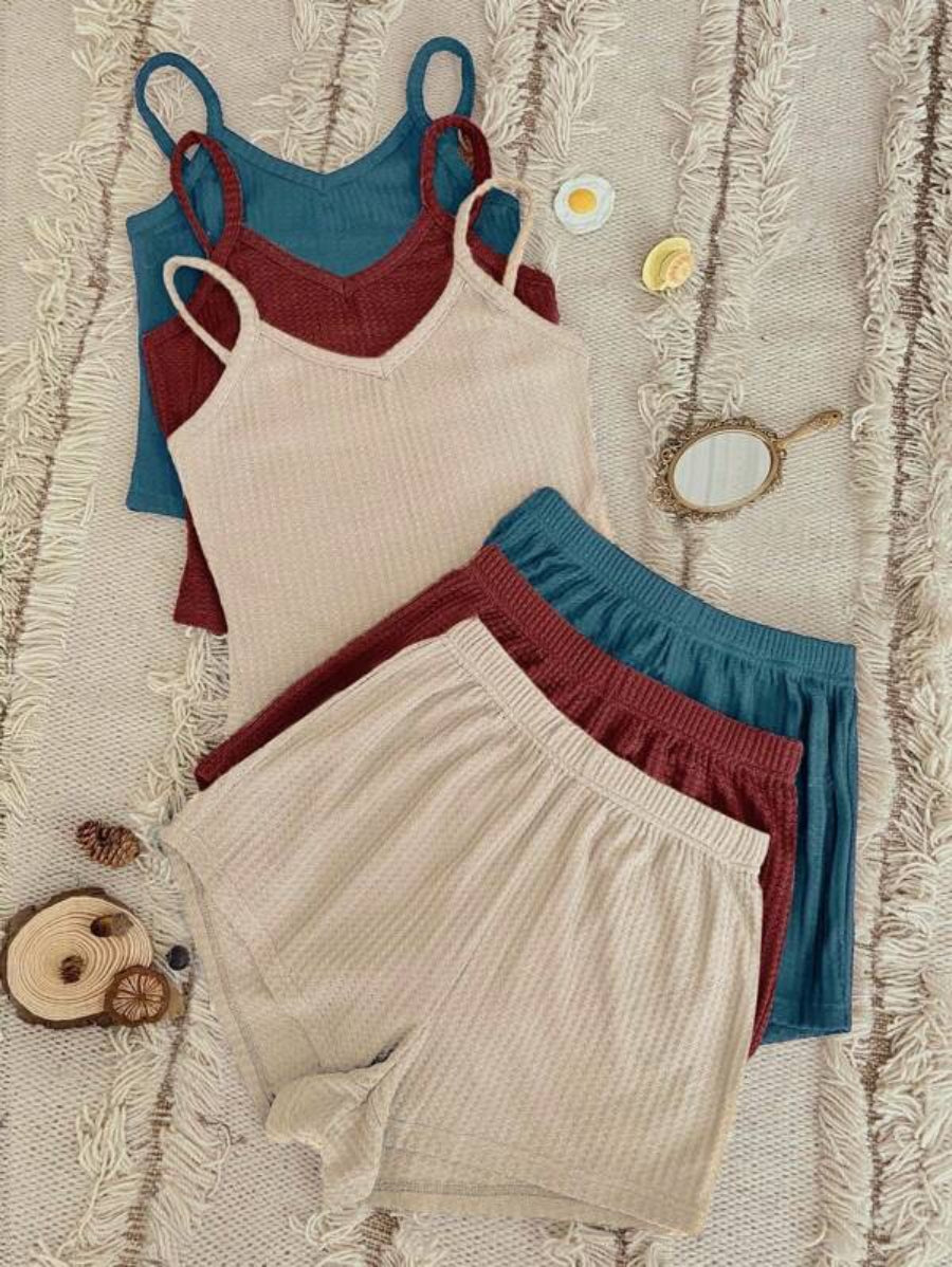 Set Of 3 Plain Cami Top And Shorts Lounge Set