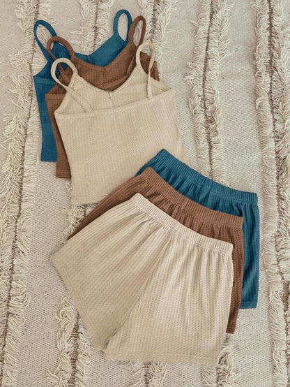 Set Of 3 Plain Cami Top And Shorts Set