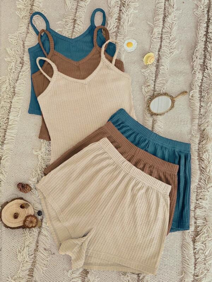 Set Of 3 Plain Cami Top And Shorts Set