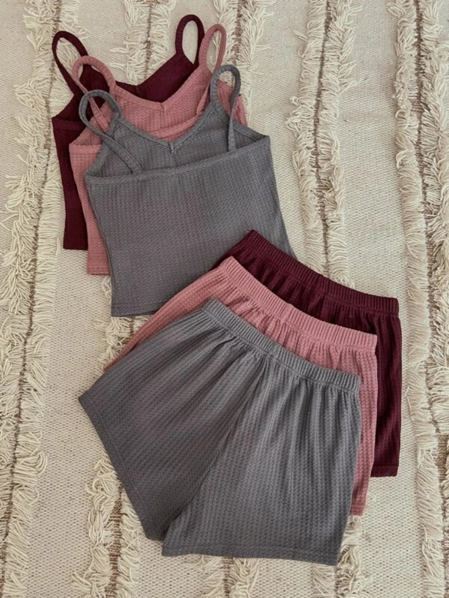 Set Of 3 Solid Cami Top And Shorts Lounge Set