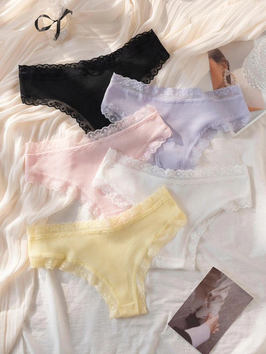 Set Of 5 Contrast Lace Bow Front Panty