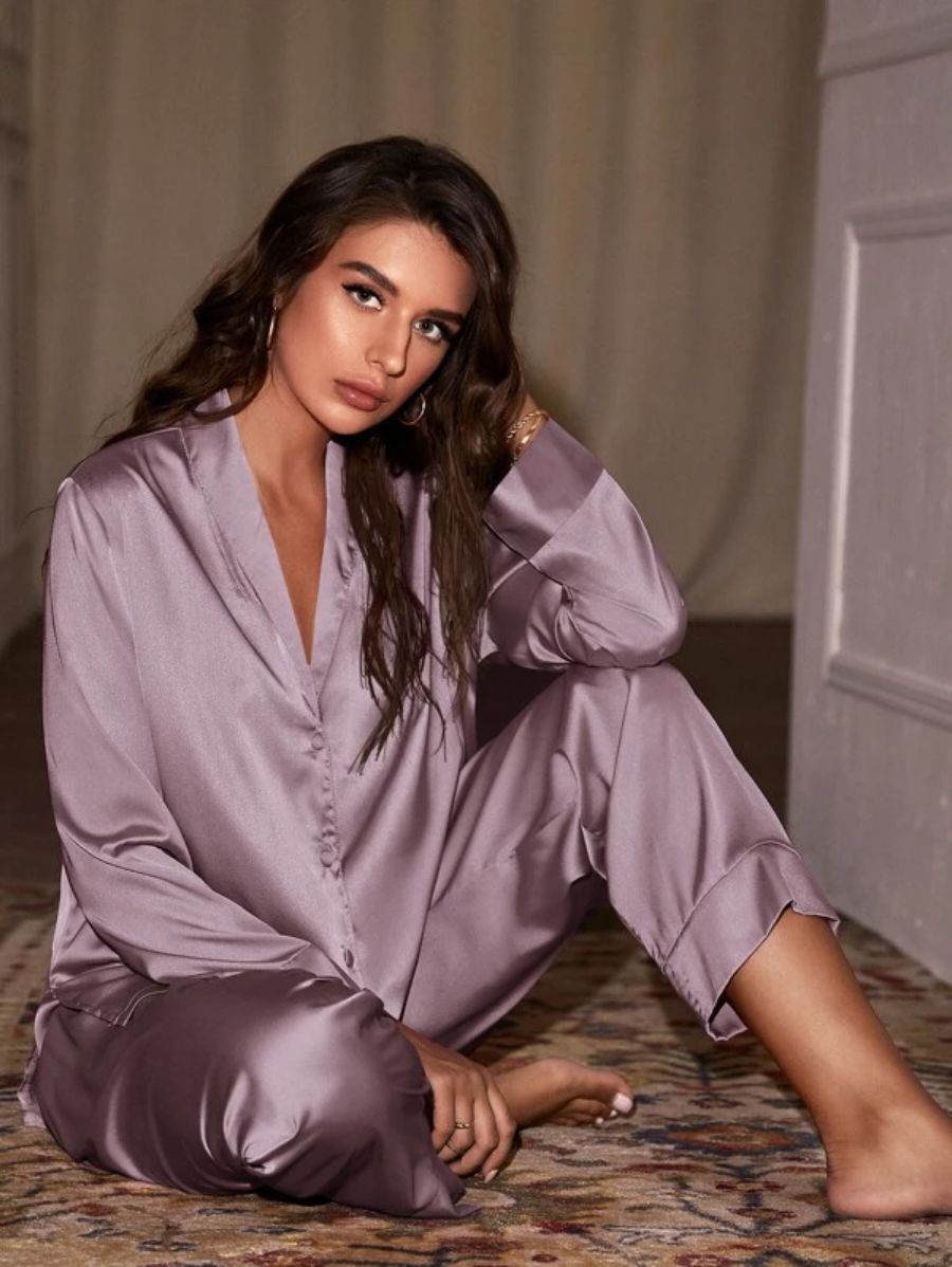 Shawl Neck Satin Night Set Purple