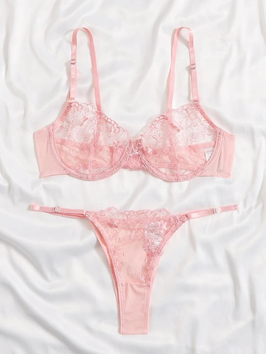 Sheer Mesh Embroidery Underwire Lingerie Set Pink