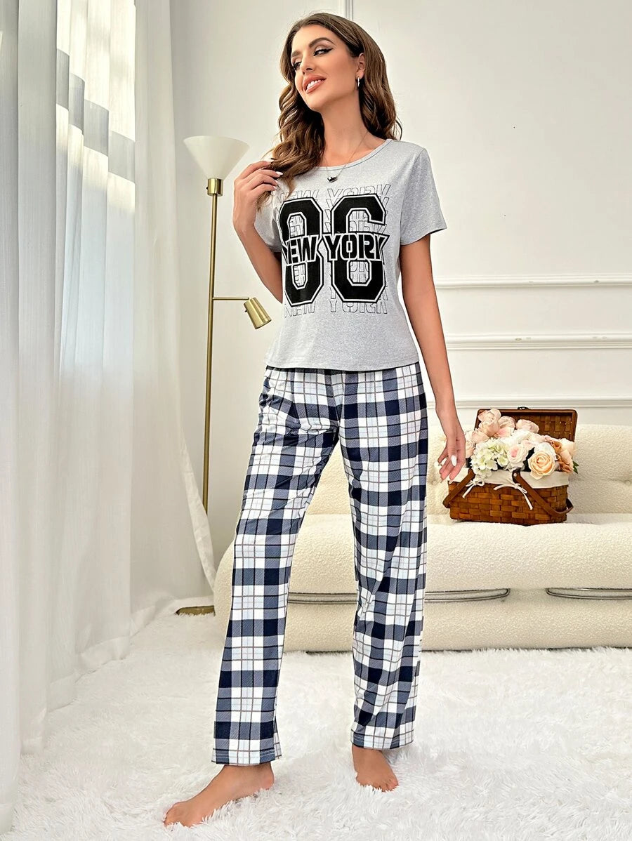 Slight Stretch Letter Graphic Tee And Plaid Print Pants Set