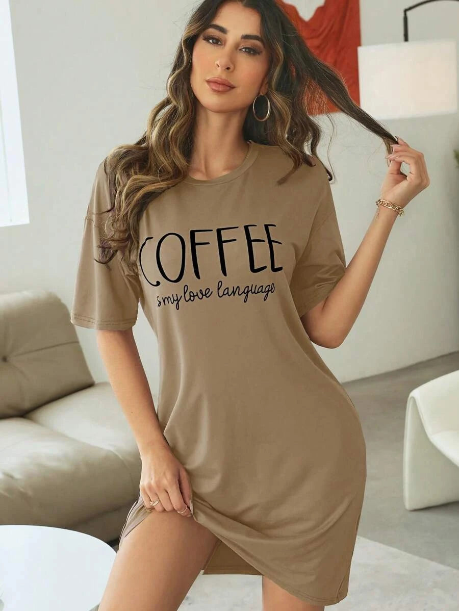 Slogan Graphic Drop Sleepshirt Nightdress Brown