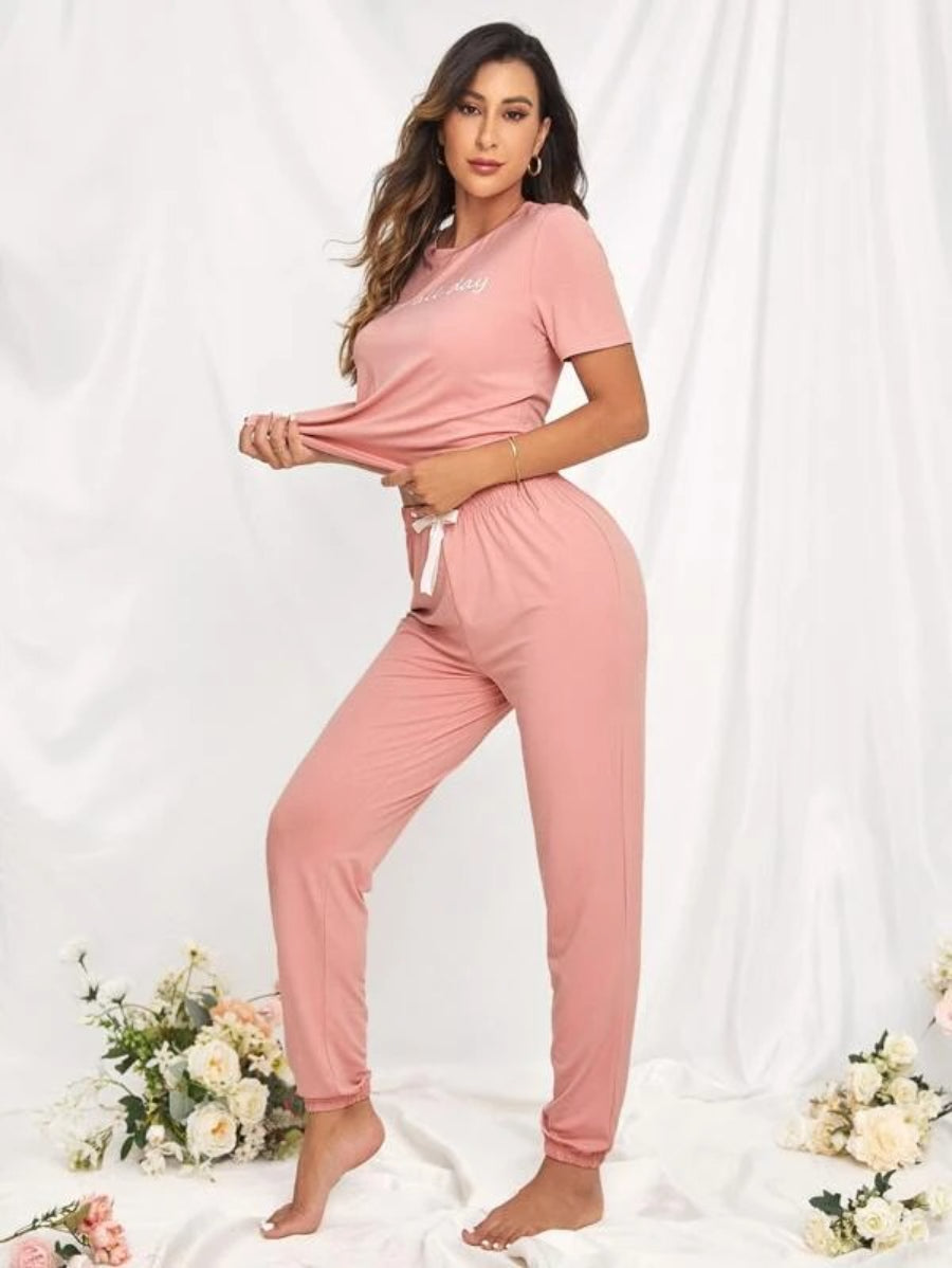 Slogan Graphic Tee And Bow Front Pants Lounge Set