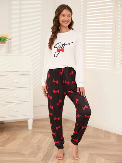 Slogan Graphic Top And Plaid Pants PJ Set