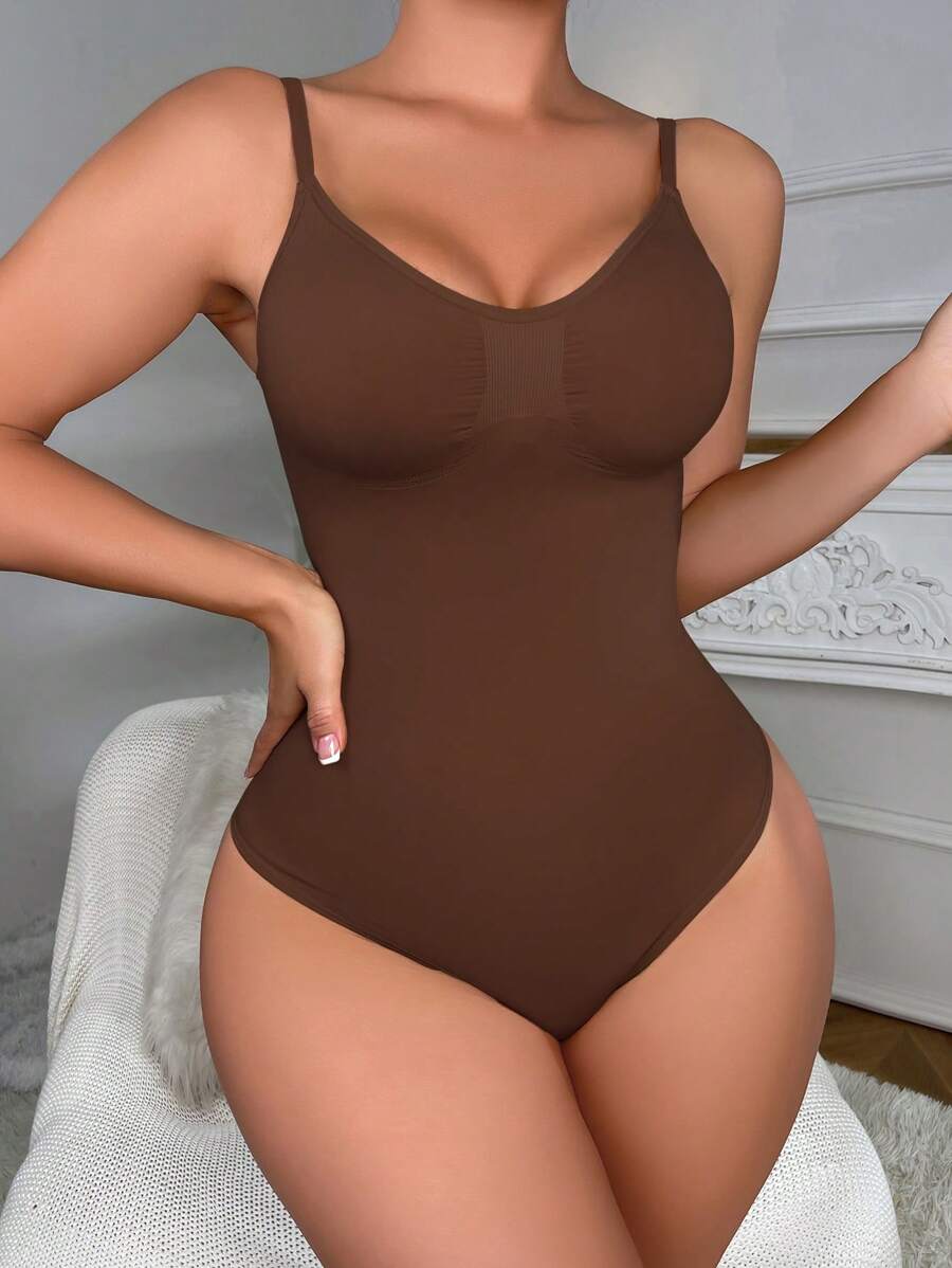 Solid Shapewear Thongs Bodysuit Dark Brown