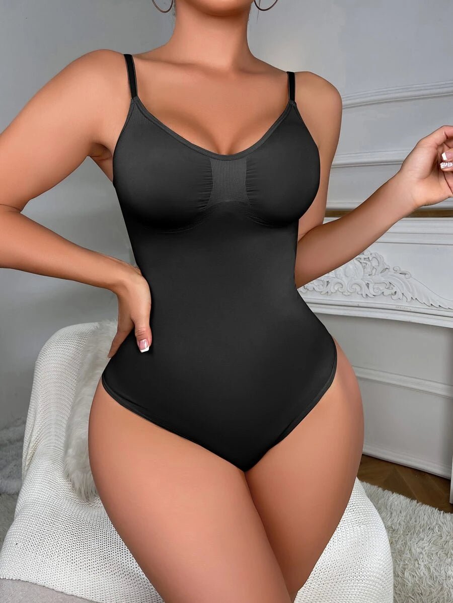 Solid Shapewear Thongs Bodysuit Black