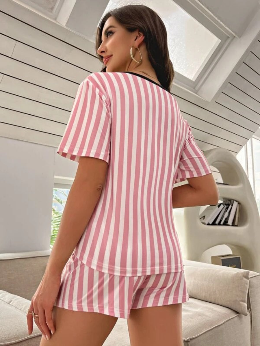 Striped And Slogan Graphic Bow Front Shorts Set