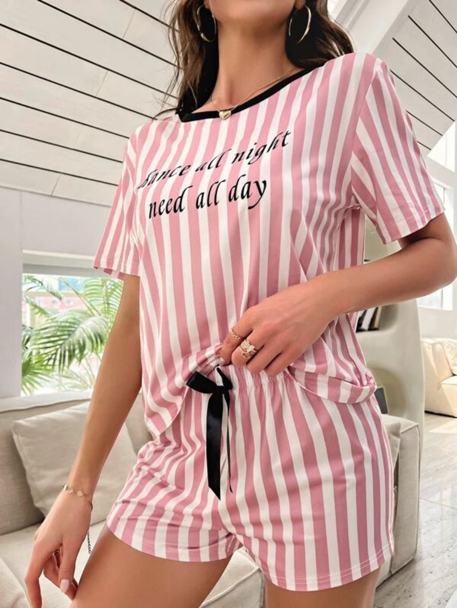 Striped And Slogan Graphic Bow Front Shorts Set