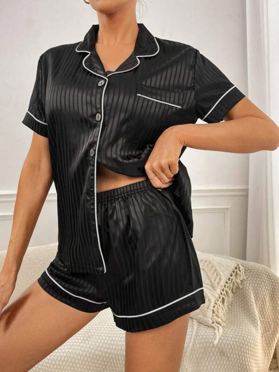 Striped Contrast Piping Satin Shorts Set