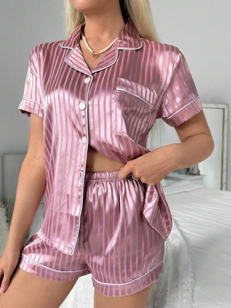 Striped Contrast Piping Satin Shorts Set