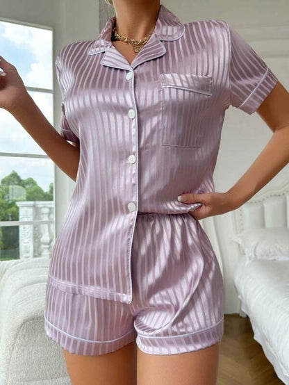 Striped Contrast Piping Satin Shorts Set