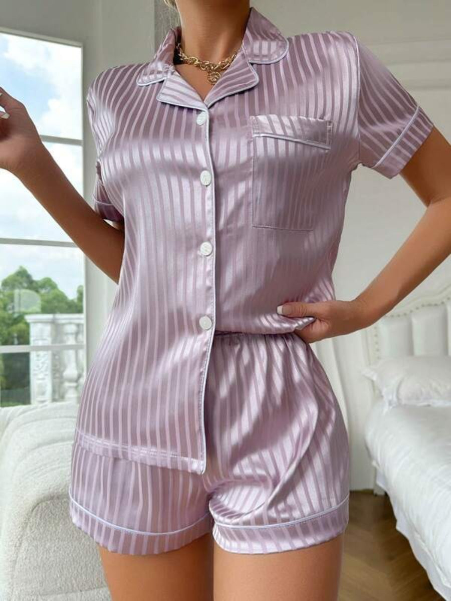 Striped Contrast Piping Satin Shorts Set Purple