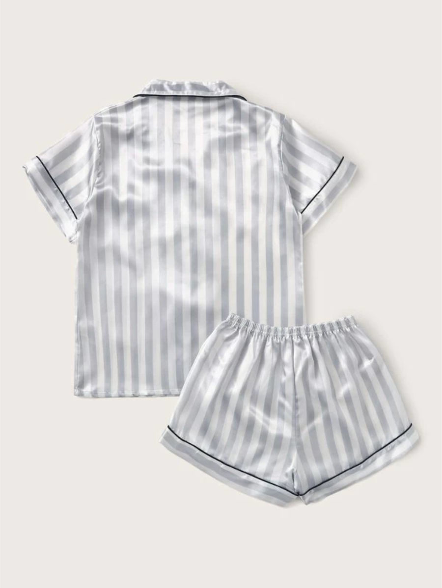 Striped Piping Trim Pocket Front Satin Set