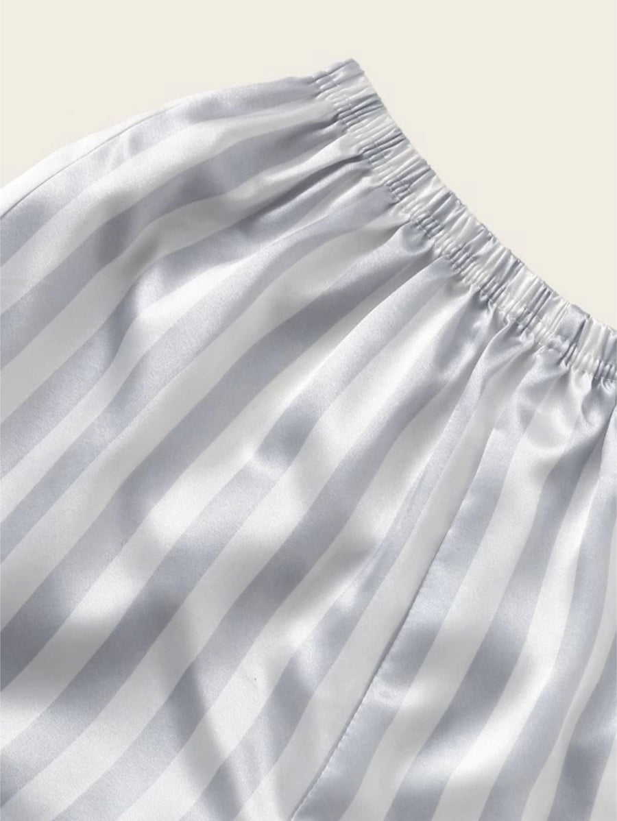 Striped Piping Trim Pocket Front Satin Set